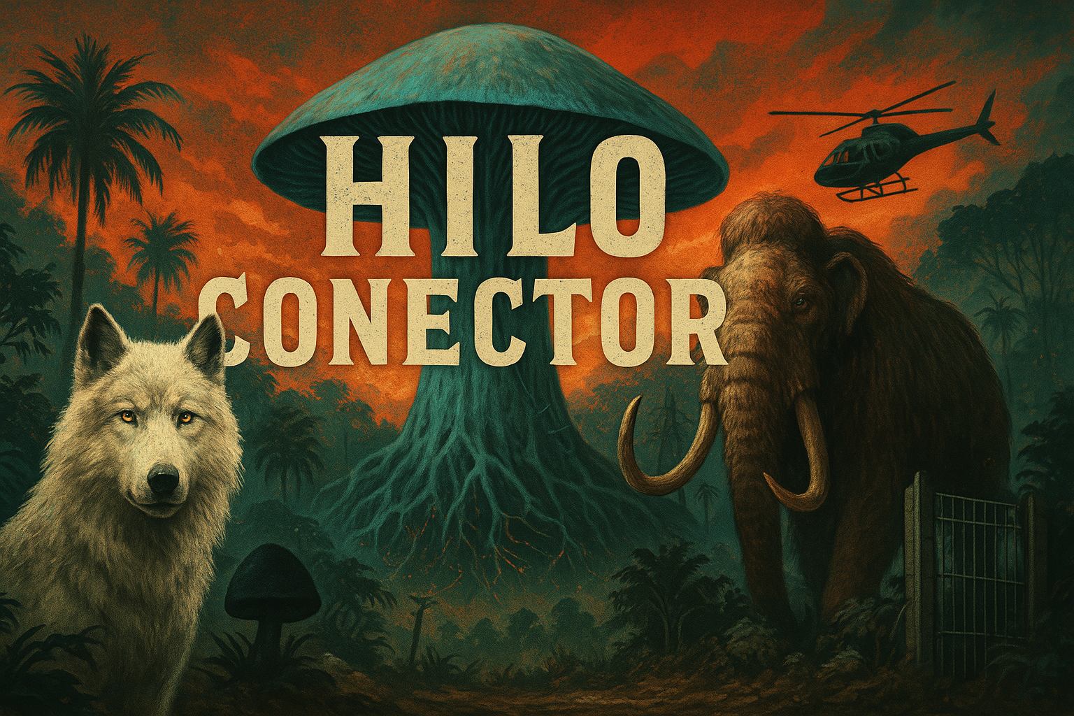 Ilustración digital de estilo realismo mágico con un lobo huargo, un mamut y un hongo gigante que forma la palabra "Hilo Conector", en un paisaje selvático con un helicóptero al fondo. Representa la mezcla de ciencia, ficción y crítica social.